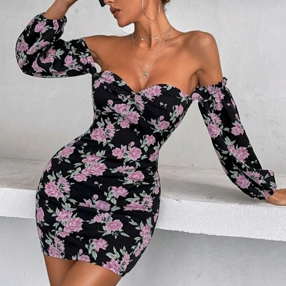 Dresses & Skirts - Floral Off-Shoulder Dress - Black, And Lilac'